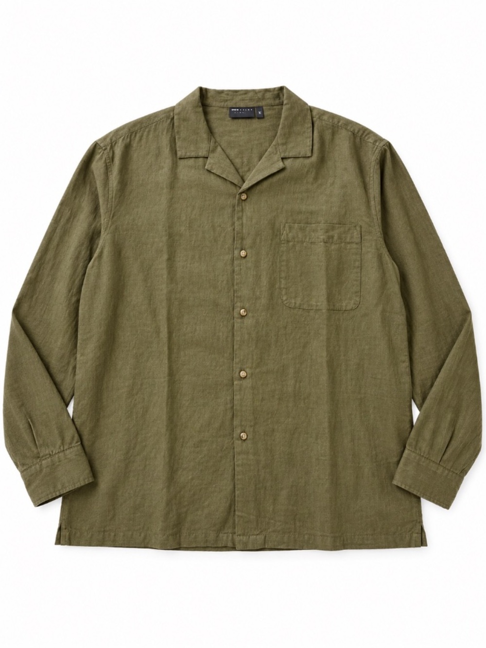 ASOS DESIGN Mens 2XL Olive Linen Blend Long Sleeve Shirt Camp Collar